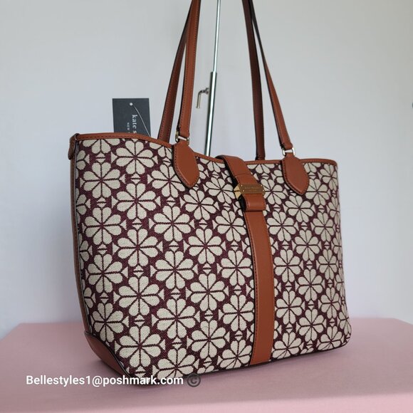 KATE SPADE Spade-Flower Jacquard and Leather Medium Open Tote- Burgundy Multi⭐ - Picture 2 of 16